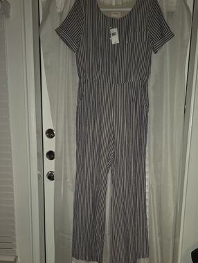 Everly Denim Gray Pinstripe Short Sleeve Jumpsuit Size L NWT